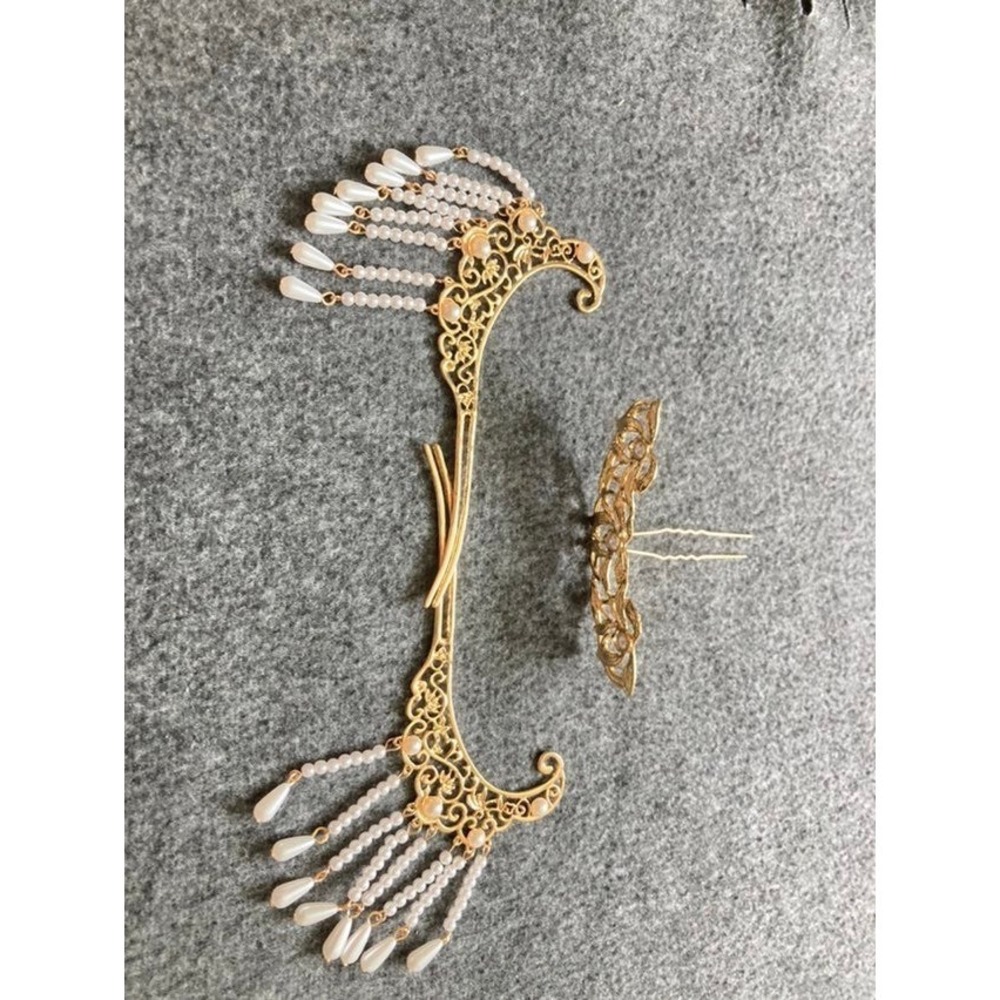 Traditional  Hair Accessory Set Gold Pearl Tassel Comb Forks Earrings - Picture 3 of 9